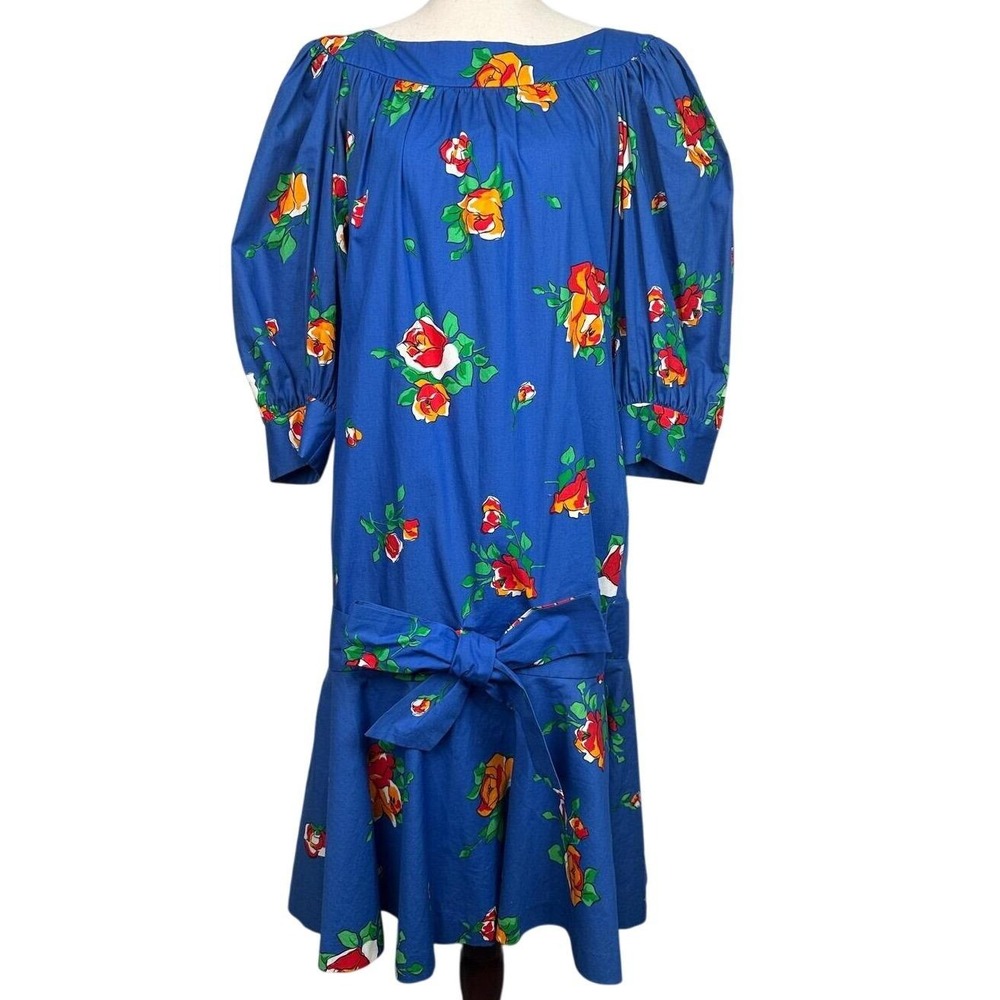 Saint Laurent Rive Gauche Vintage Blue Floral Cotton Puff Sleeve Dress FR 34 S/M